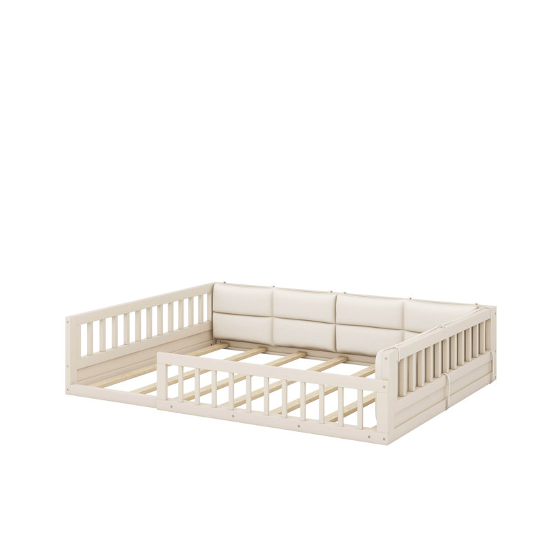 Lit plateforme double avec garde-corps et coussin, Beige