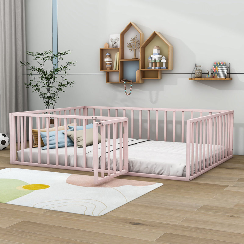 Denayah Metal Platform Bed with Fence and Door, Pink, Queen