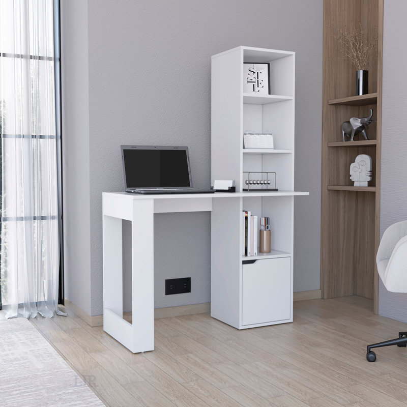 Bureau d'ordinateur Iowa avec 1 armoire et bibliothèque à 4 niveaux pour l'efficacité et le rangement du bureau à domicile