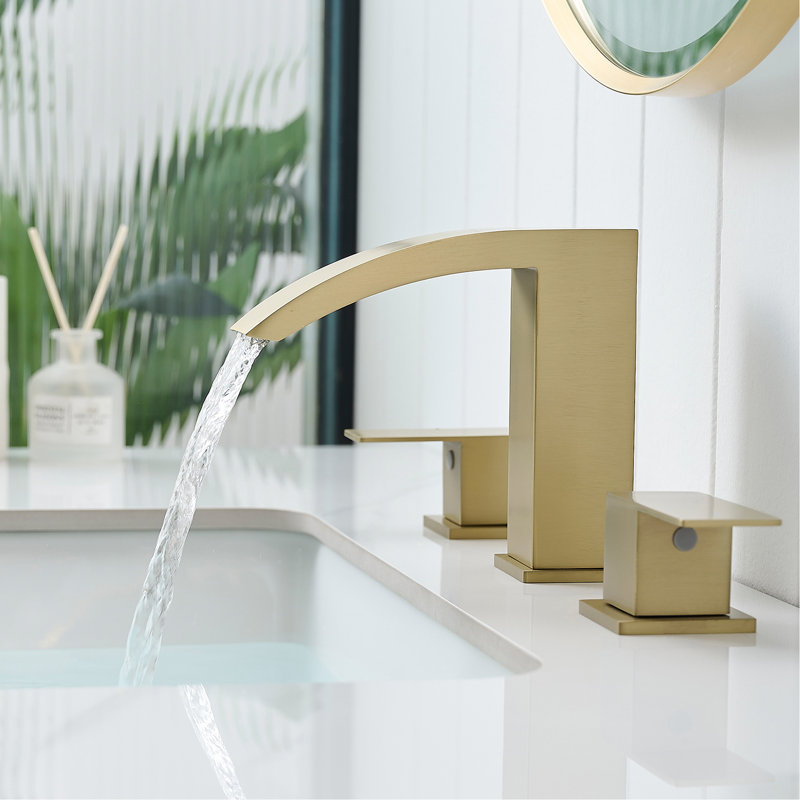 3 Hole Stainless Steel Bathroom Faucet, 8 Inch Widespread, Brushed Gold, Cartridge Valve, Double Lever Design Sink Side , Contemporary Style