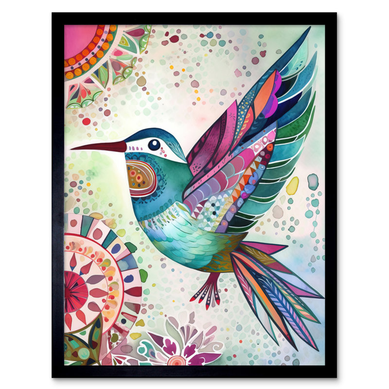 Hummingbird With Multicolour Mandala Patterns Folk Art Watercolour Painting Artwork Framed Wall Art Print 9X7 Inch
