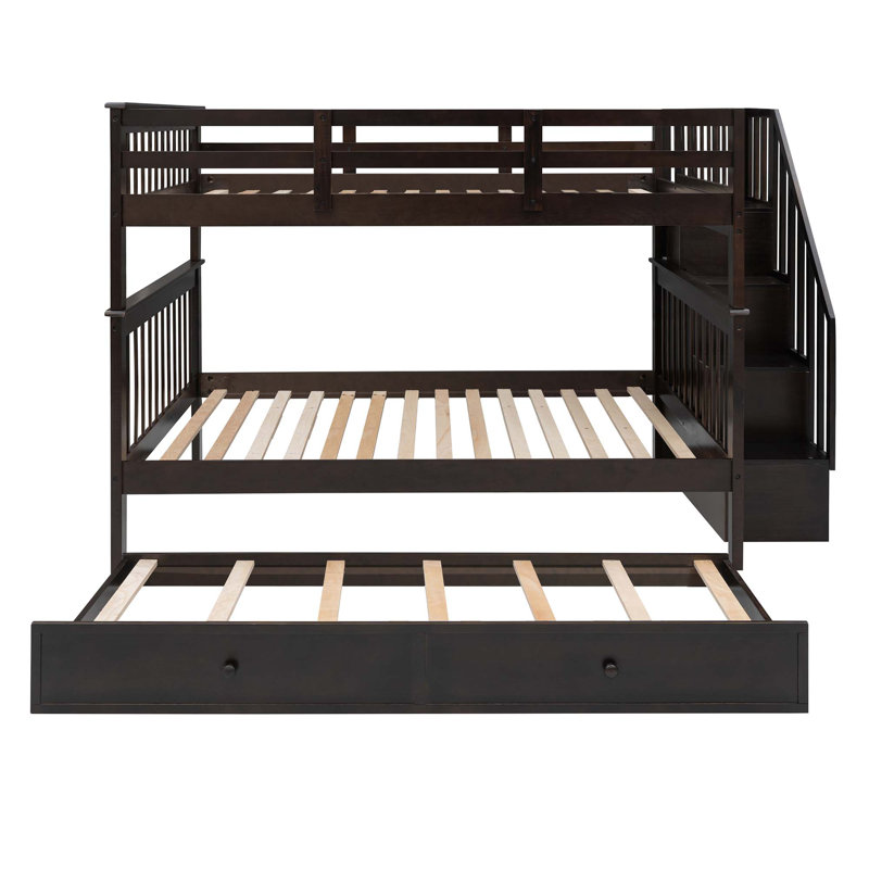 Lit superposé double avec lit gigogne, rangement et garde-corps pour chambre à coucher avec escalier, Espresso