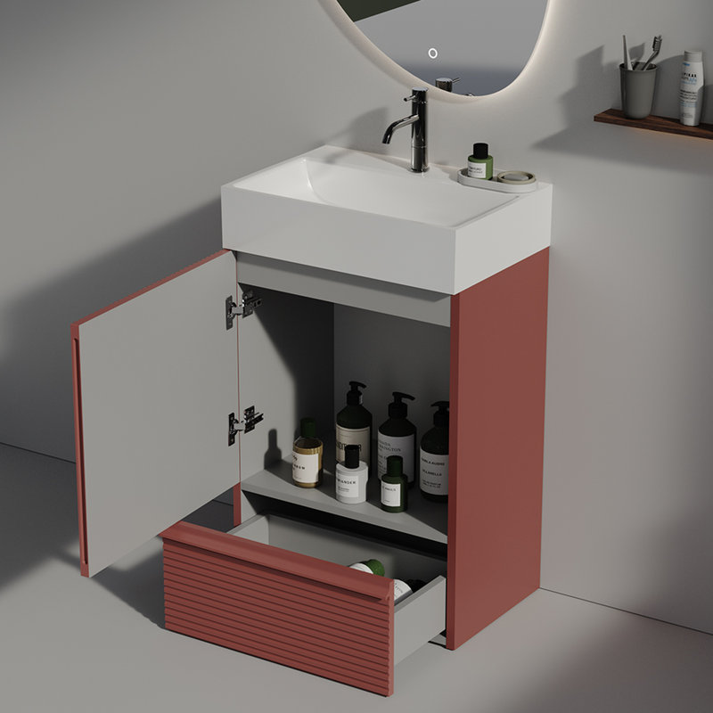 Meuble-lavabo moderne rouge avec lavabo en céramique - Armoire autoportante pour salles de bain gracieuses, Red