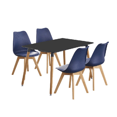 Suellen 4 Person Dining set - a Rectangular Plastic Dining Table with Wooden Legs and a Set of 4 Faux Leather Cushion Padded Dining Chairs for Dining Room - Modern Dining Table Set