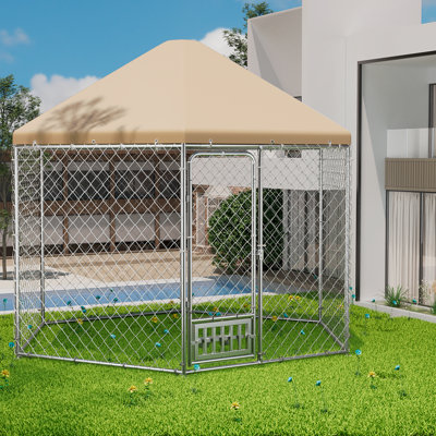 Chenil d'extérieur pour chien avec toit, grand chenil avec bols pour chien, enclos extérieur pour niche avec verrou sécuritaire (9,2 x 8 x 7,7 pi)