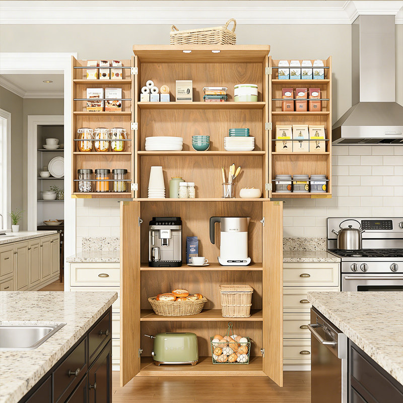 Armoire de rangement de 72 po pour garde-manger moderne cannelée de 72 po (chêne) - 6 tablettes et 8 cadres de porte pour la cuisine / salle à manger