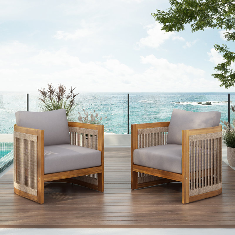 Masayushi Patio Acacia Wood & Woven Rope Lounge Chair With Cushions, Gray