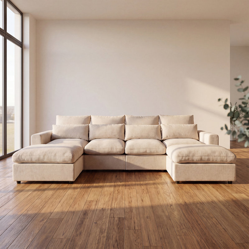 Canapé modulaire modulaire 3 places avec 1 repose-pieds, Beige Chenille, 35.43" H x 83.46" W x 33.07" D