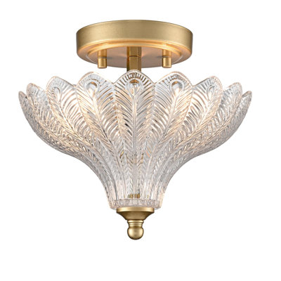 2-Light Gold Ceiling Light with Clear Feather Glass Shade