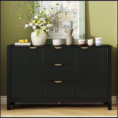 Sideboard with Wave Design - 3 Adjustable Shelves, 3 Drawers & Soft-Close Doors, Storage Console Table with Metal Handles, Suitable for Study, Hallway and Living Room