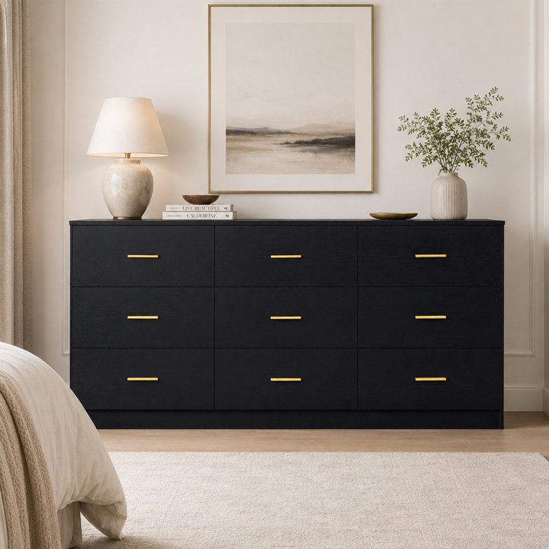 Armoire de rangement avec commode 9 tiroirs 63 pouces 63 po pour salon de chambre à coucher, Noir