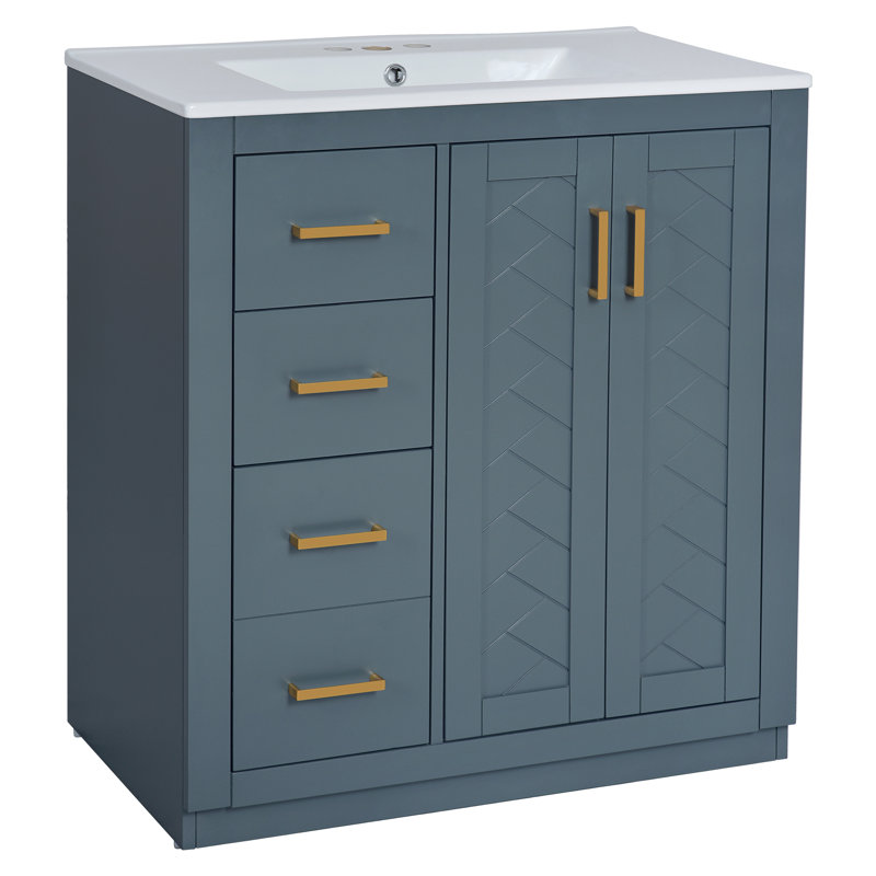 Meuble-lavabo 30 po avec lavabo en céramique - bois massif bleu et 3 tiroirs à fermeture douce, Blue