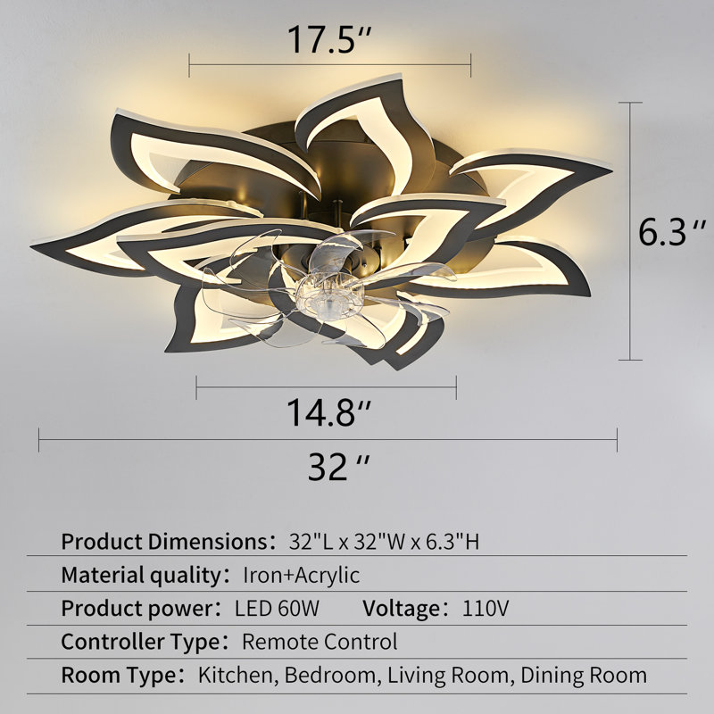 Modern Black Led Ceiling Fan With Lights, 35" Low Profile Flush Mount, Flower Design, Dimmable 3 Color Temperatures, 6-speed Quiet Motor, Remote & App Control For Bedroom Living Room Kitchen