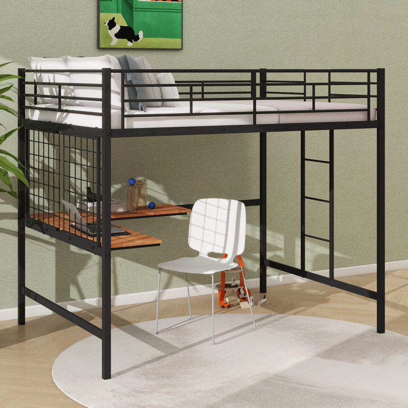 Battista Metal Loft Bed with Desk and Metal Grid, Full, Black