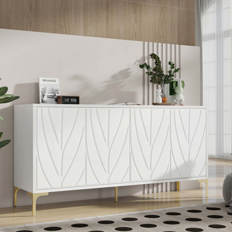 Wood Console Table with  Carved 4-door Sideboard,2 Shelves