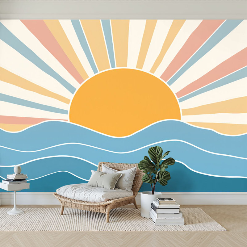 Papier peint adhésif auto-adhésif moderne pour la chambre Sunset Calm Waves Retro Colorful, L 144 po x l 100 po