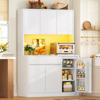 67" Tall Kitchen Pantry Storage Cabinet, Freestanding Coffee Bar Hutch with RGB LED Light & Charging Station, Sideboard Buffet Cabinet with Adjustable Shelves and Power Outlets, White 