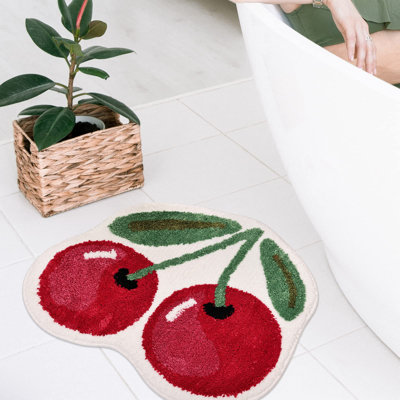  Tapis de bain en cerisier, tapis de baignoire mignons pour le salon et la chambre à coucher, tapis de salle de bain luxueux en forme de fruits Funky, tapis de douche en peluche lavables et antidérapants