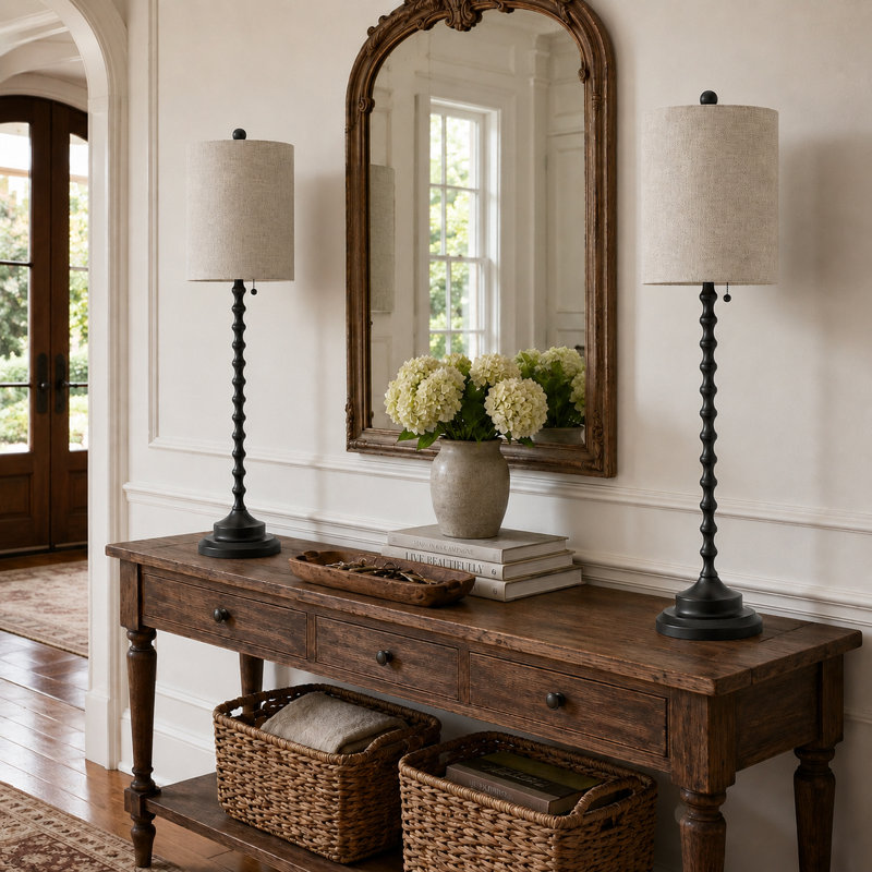 Lampes de table de style campagnard français noires à fuseaux, 77,5 cm (30,5 po), avec abat-jour en lin, ensemble de 2