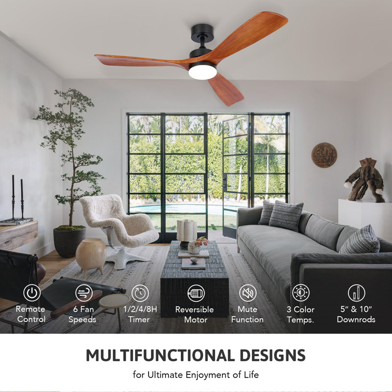 52" Black and Walnut Wood Ceiling Fan with LED Light and Remote