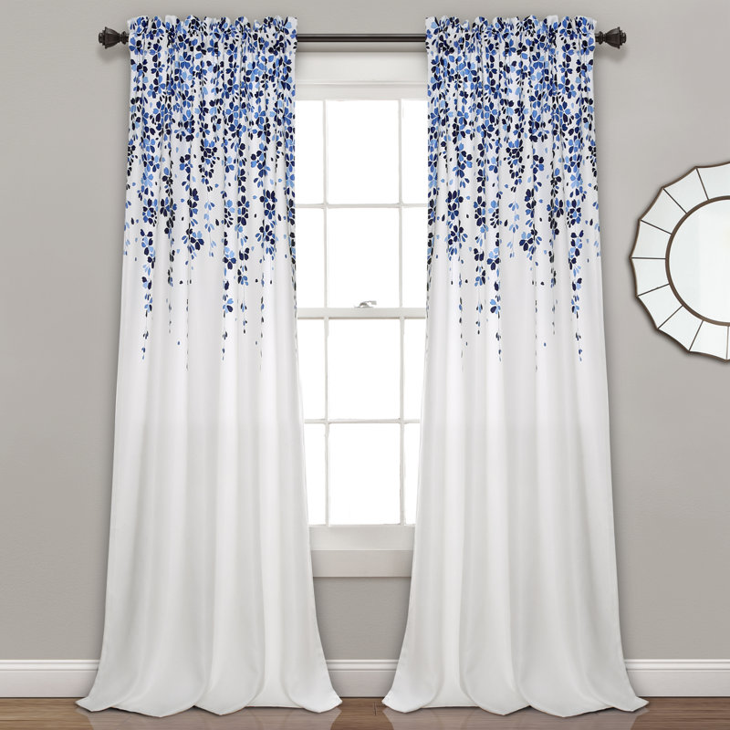 Weeping Flowers Room Darkening Pair, 52" W x 95" H, Navy/Blue