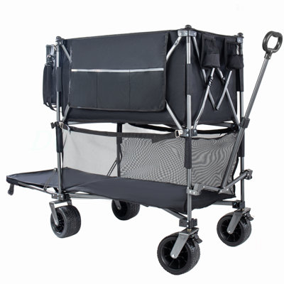 55" Heavy Duty Double-Layer Wagon With Brakes,560LBS Double Decker Wagon, 650L Collapsible Wagons Carts With 7''X4''all-Terrain Wheels For Sports,Camping,Fishing,Transport