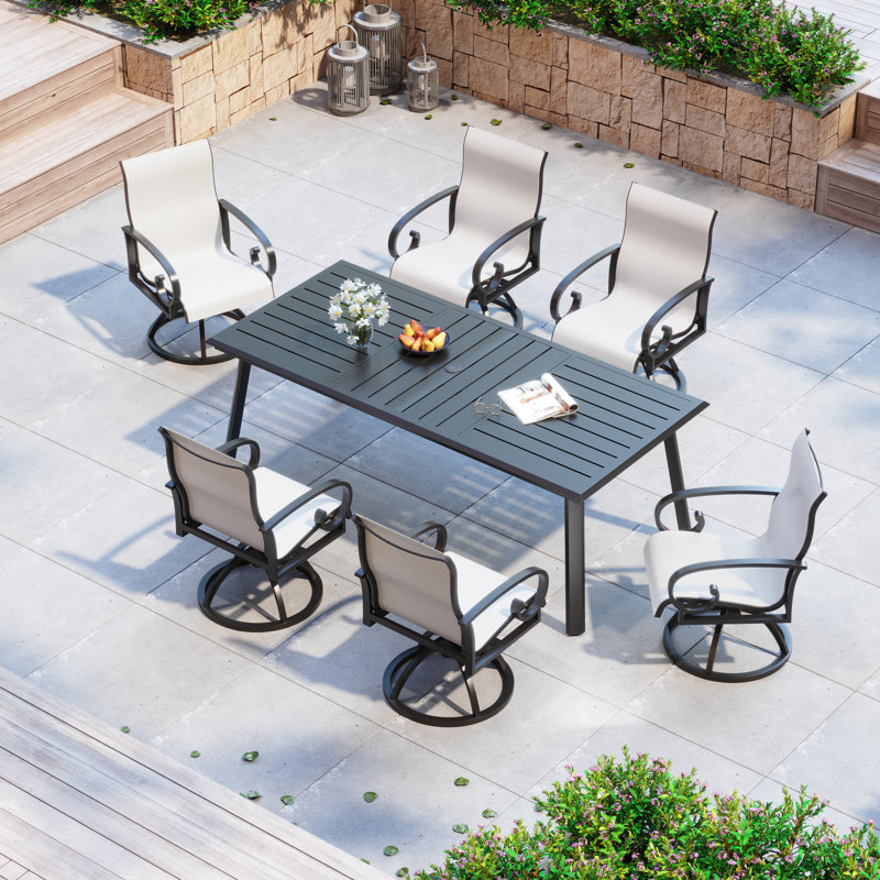 6 - Person Aluminum Outdoot Dining Set with Sunbrella Swivel Armchair , White/Black