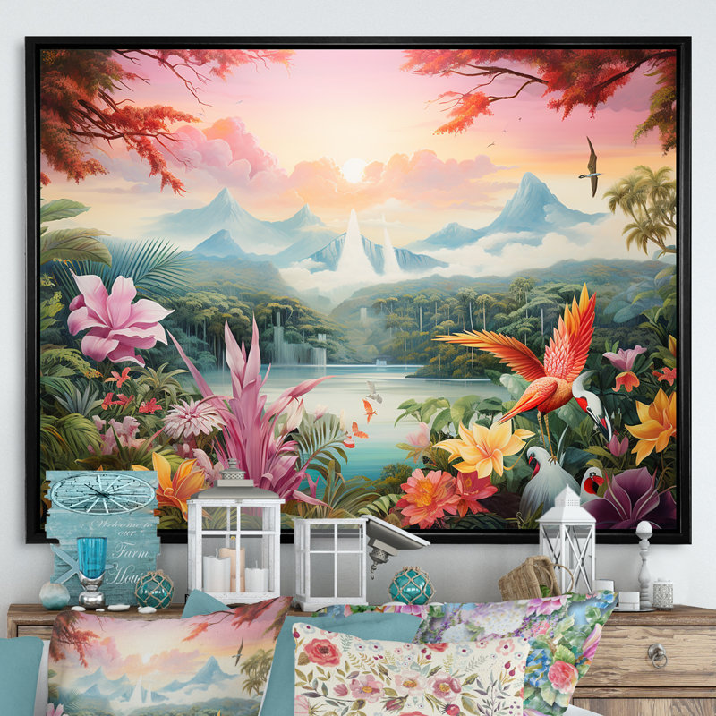 Décoration d'oiseaux de paradis devant le lac - Décoration murale oiseaux de paradis, H 12 po x l 20 po x P 1 po