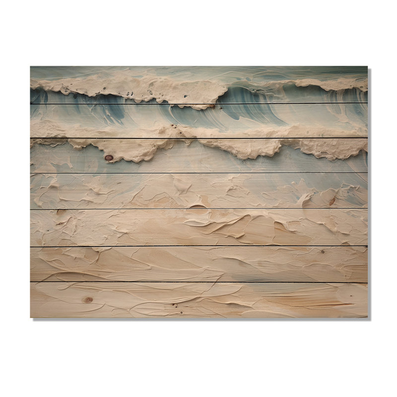Peinture de plage côtière beige et bleue I - art mural en bois de plage côtière sur bois de pin naturel, H 24 po x l 32 po