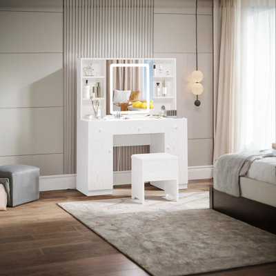 Ensemble de coiffeuse avec miroir coulissant et 7 tiroirs Kimrey, ensemble de coiffeuse pour la chambre