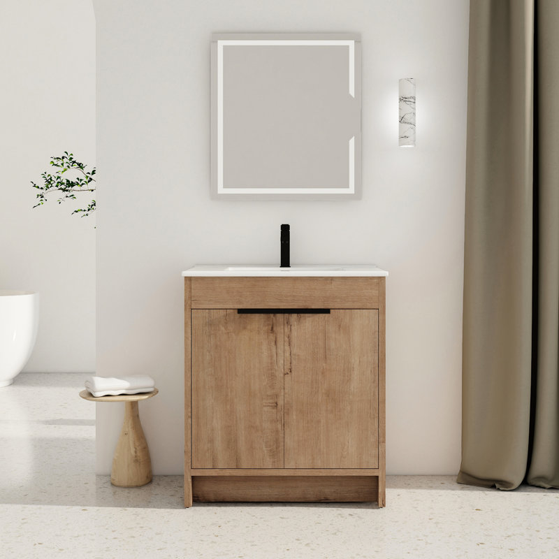 Freestanding Bathroom Cabinet With Sink. 30" Width. Ceramic. 2 Soft-Close Doors. Plywood. Modern Vanity For Bathroom. White Ceramic Sink Included. Made Of Imitative Oak Finish