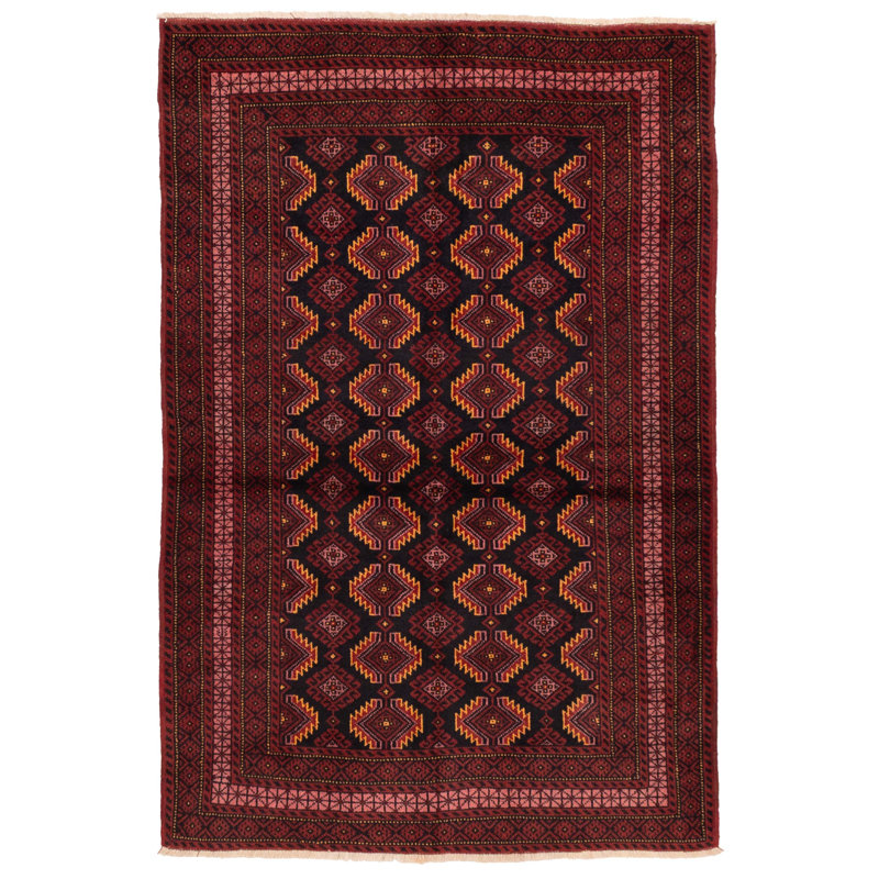 Tapis noir et rouge Teimani 3 pi 7 po x 5 pi 8 po