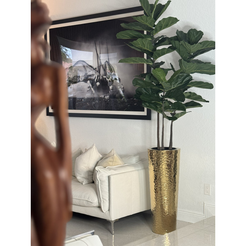 Fiddle Faux Fiddle Leaf Fig Tree in Metal Planter, 96" H x 42" W x 28" D, Gold