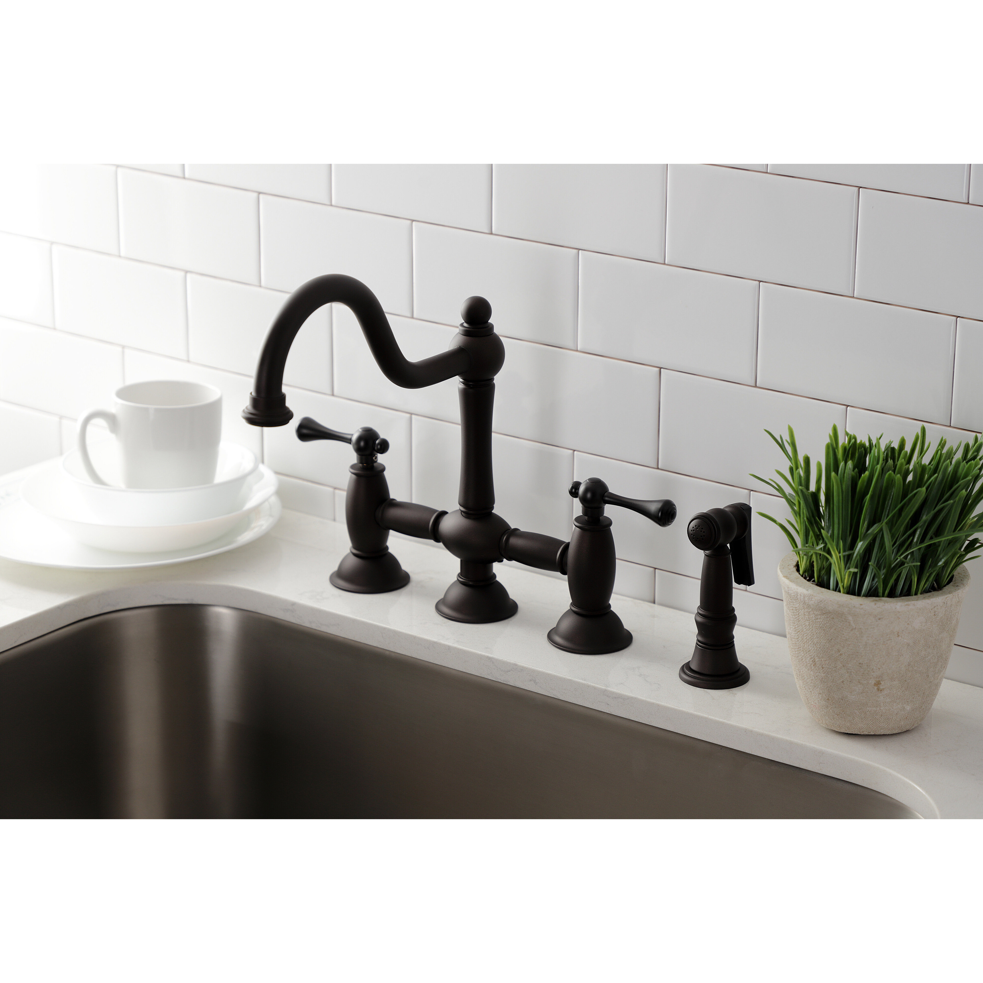 Kingston Brass Restoration Bridge Faucet With Side Spray Reviews   Restoration Bridge Faucet With Side Spray 