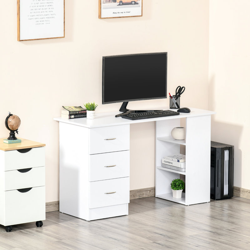 47" Modern Home Office Computer Desk Bookcase Combo Writing Table Workstation With 3 Drawer And Storage Shelf - White