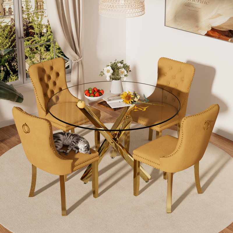 5-Piece Round Glass Dining Table Set, 29.5"H x 42"L x 42"W, Gold, Yellow/Gold
