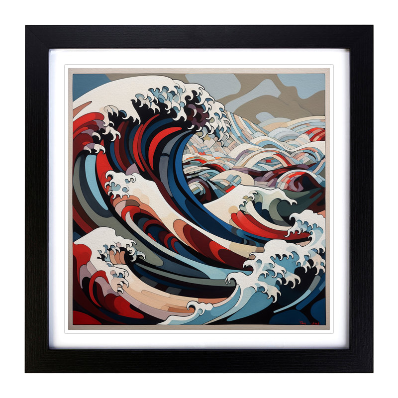 Japanese Wave Cubism No.2 - Single Picture Frame Print on Wood, Black
