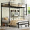 Lit superposé avec bureau et station de charge, lit superposé en métal en L avec tablettes de rangement, lit mezzanine avec barrière de sécurité et échelle