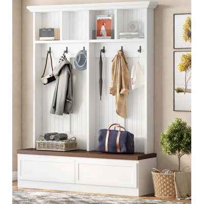 Portemanteau 4-en-1 Farmhouse avec banc à grain de bois, portemanteau polyvalent Mudroom