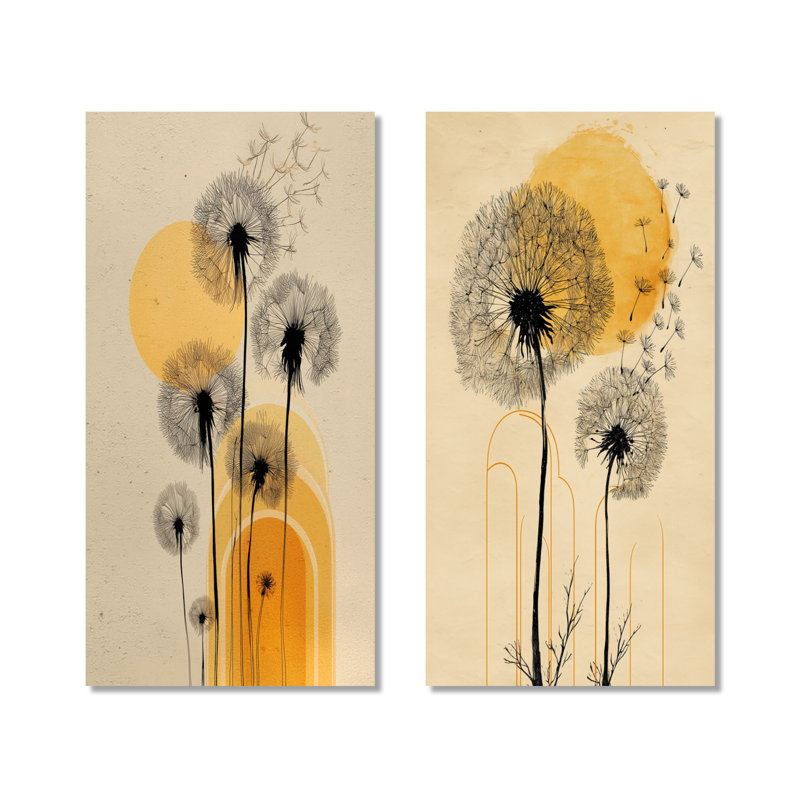 «Springtime Dandelion Sunset» - ensemble de 2 reproductions d'art mural botaniques en métal noir, 40" H x 40" W