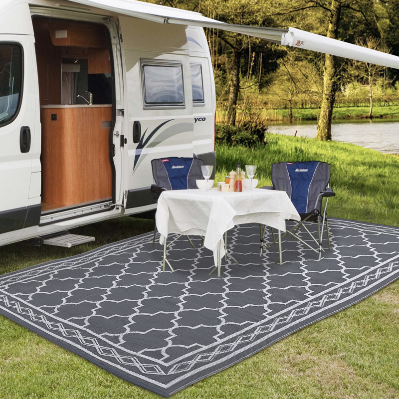 Tapis d'extérieur imperméable à l'eau Patio Tapis de paille en plastique réversible Tapis de camping rétro, Noir