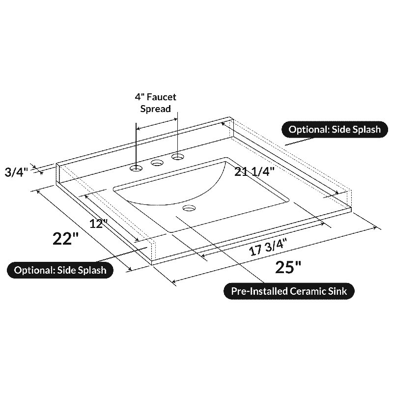 Plateau de meuble-lavabo simple 25 "avec lavabo, Centres de 4 po