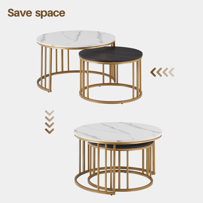 Coffee Table Set, Nesting Coffee Table,Stacking End Side Table With Golden Metal Frame, Black, White/Black
