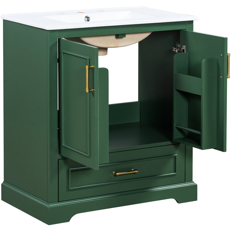 Meuble-lavabo moderne de 30 po avec lavabo en céramique facile à entretenir, structure en bois massif, 1 tiroir, 2 portes à fermeture en douceur, tablettes doubles, autoportantes, poignées en alliage de zinc, quai de rangement amélioré et tablettes
