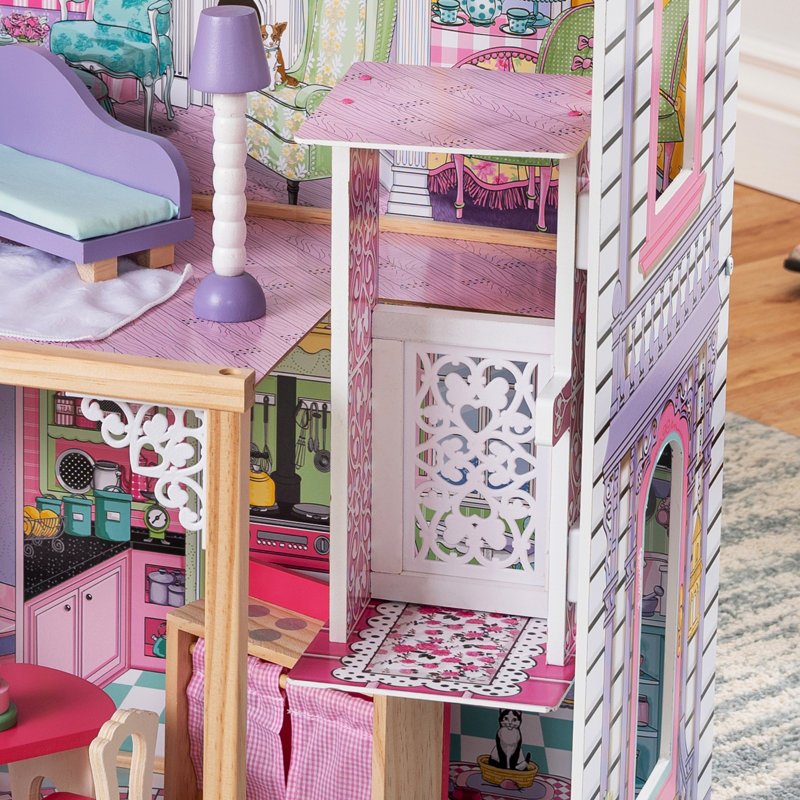 Maison de poupée en bois avec élévateur, balcon et 17 accessoires Annabelle