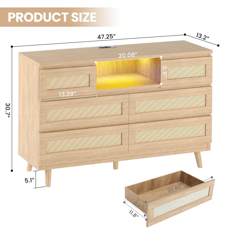 Commode 6 tiroirs en rotin naturel avec lumières à DEL RVB et station de charge, Beige
