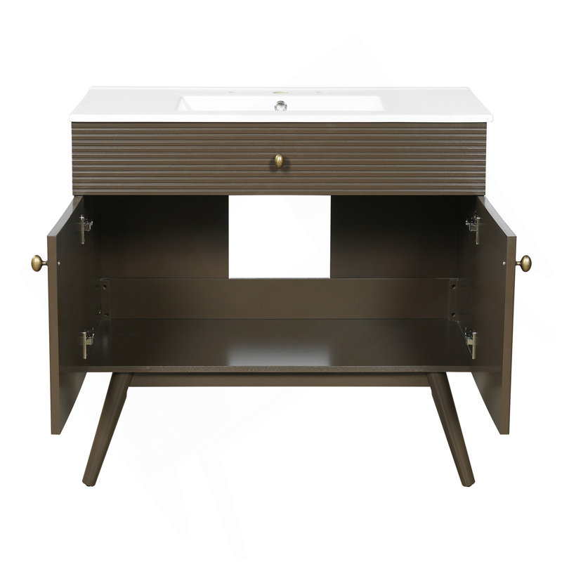 Meuble-lavabo rayé de luxe 36 po, double rangement à fermeture en douceur et lavabo en céramique de qualité supérieure, brun foncé