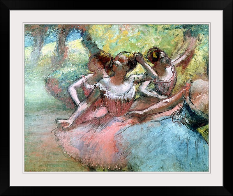 Quatre ballerines sur la scène par Edgar Degas - reproduction, H 27 po x l 32 po x P 1 po, Cadre noir