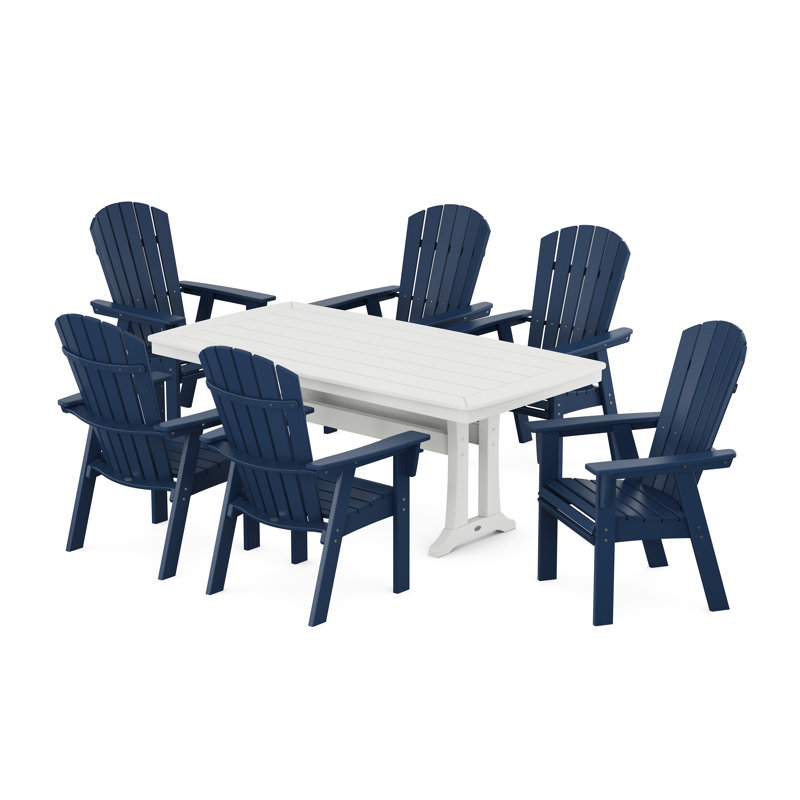 Ensemble de salle à manger POLYWOOD Nautical Curveback Adirondack avec pieds en tréteaux, Bleu marine/blanc