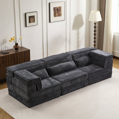 Compression Mahjong Sofa,Convertible Floor Sofa Bed,Diy Boneless Modular Sectional Sofa,No Assembly Required,Circle Fleece Fabric,Oversized 3 Seater With 3 Pillows,Dark-Grey